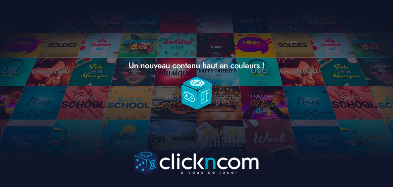 Bandeau avec un cube et des thèmes en fonds. Il y a également le logo Clickncom